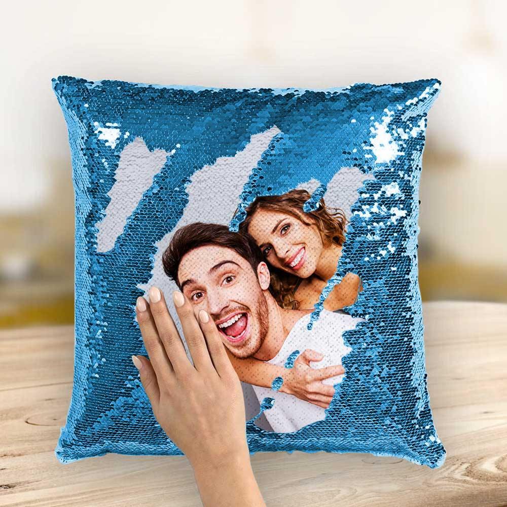 Custom Photo Magic Sequins Pillow Lake Blue Color Shiny 15.75 * 15.75 Unique Gifts - soufeelus