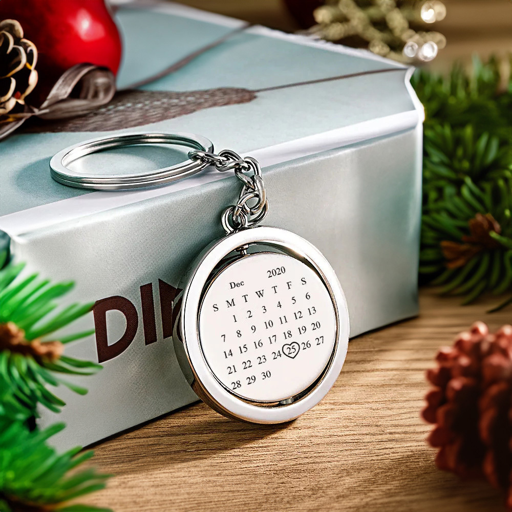 Custom Photo Calendar Keychain Rotate Special Date Couple Anniversary Gifts Christmas Gift - soufeeluk