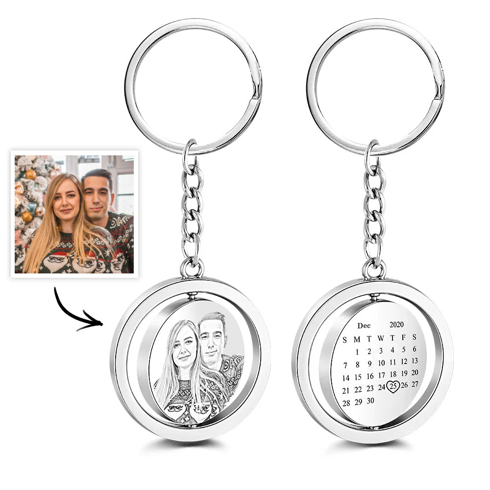 Custom Photo Calendar Keychain Rotate Special Date Couple Anniversary Gifts Christmas Gift - soufeeluk