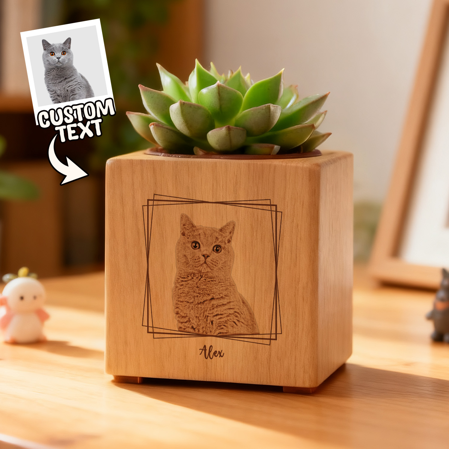 Custom Pet Portrait Planter (No Plant Included), Dog Cat Mom Portrait, Wood +Pot, Pet Loss Gift, Pet Memorial Gift, Engraved Photo as Office Desk Decor. - soufeeluk