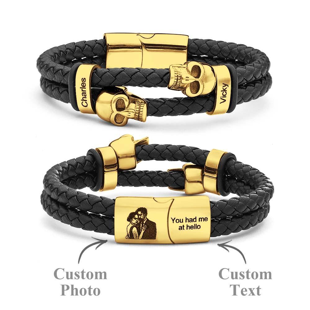 Custom Photo Skull Leather Bracelet Personalised Engraved Multi-layer Braided Bracelet Gifts For Men - soufeeluk