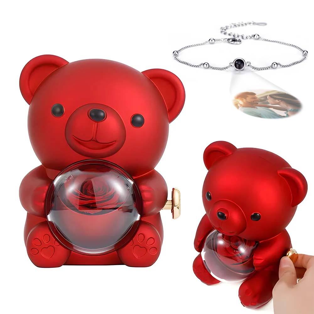 Custom Projection Picture Bracelet with Real Rose Bear Gift box Rose Shaped Necklace Gift Box Jewellery Gift Box - soufeeluk