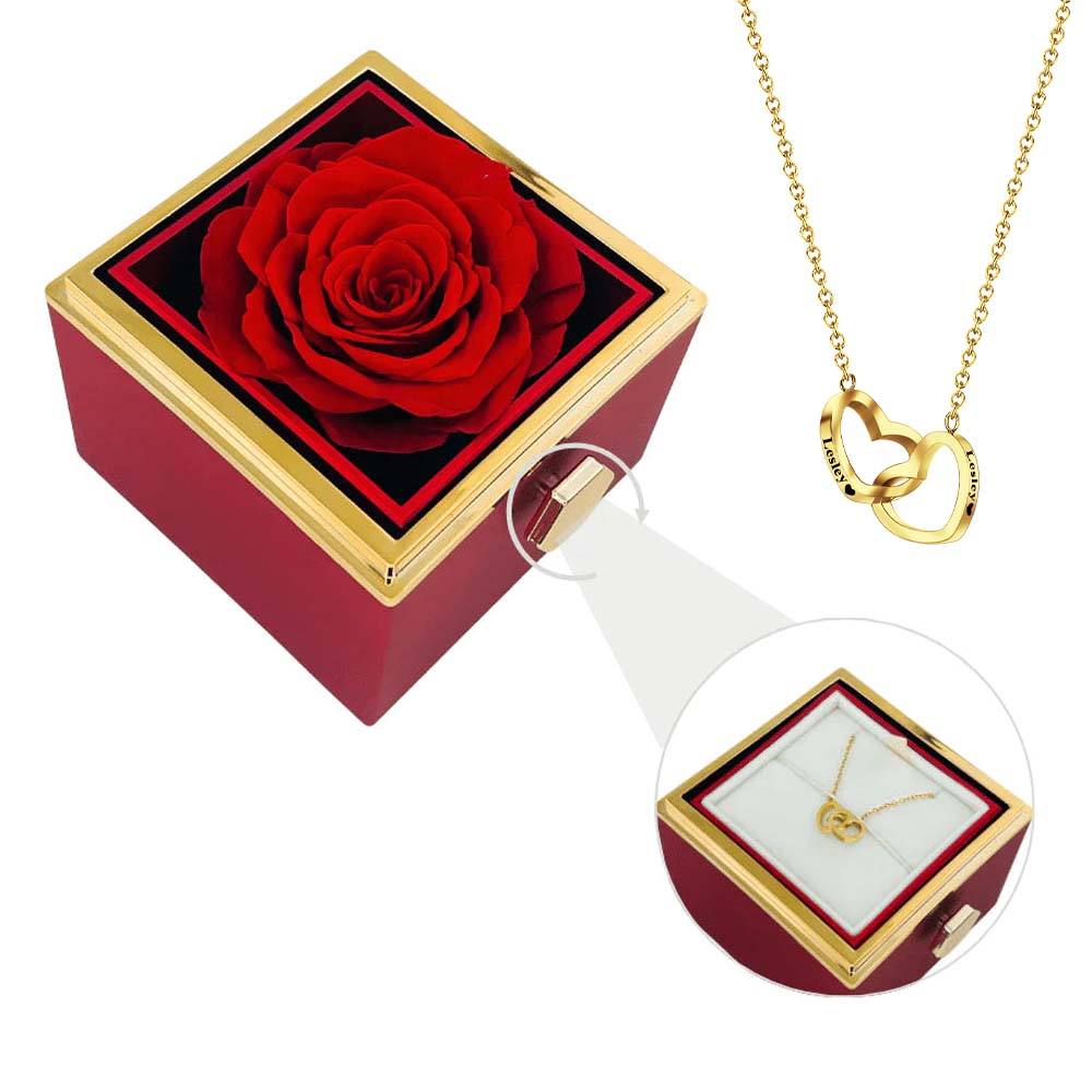 Engraved Heart Necklace with Reversible Preserved Flower Jewelry Box Red - soufeeluk