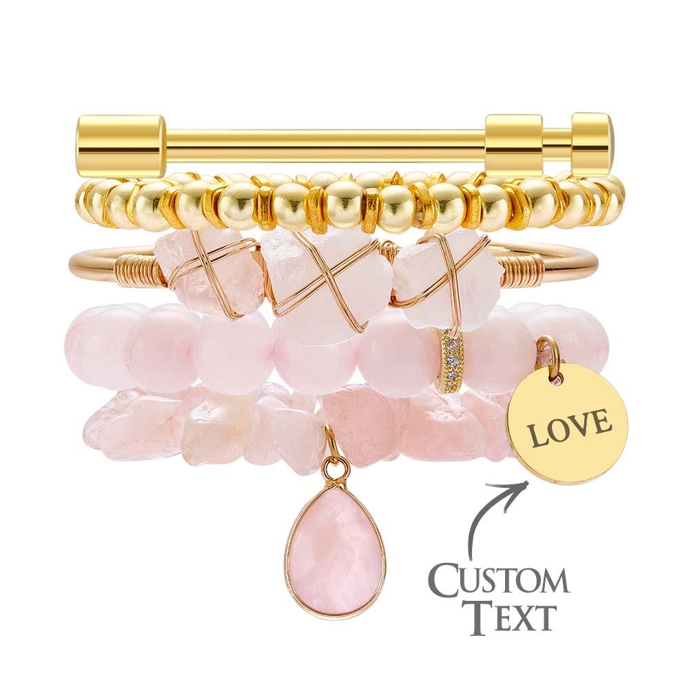 Custom Birthstone Engraved Bracelet Crystal Pink Bohemia Style Gift - soufeeluk