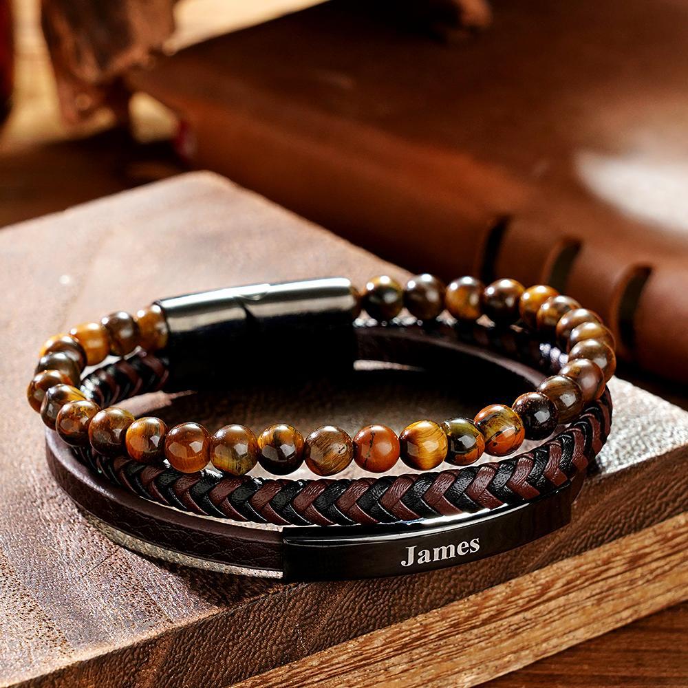 Custom Name Bracelet Vintage Stack Woven Leather Gift for Men - soufeeluk