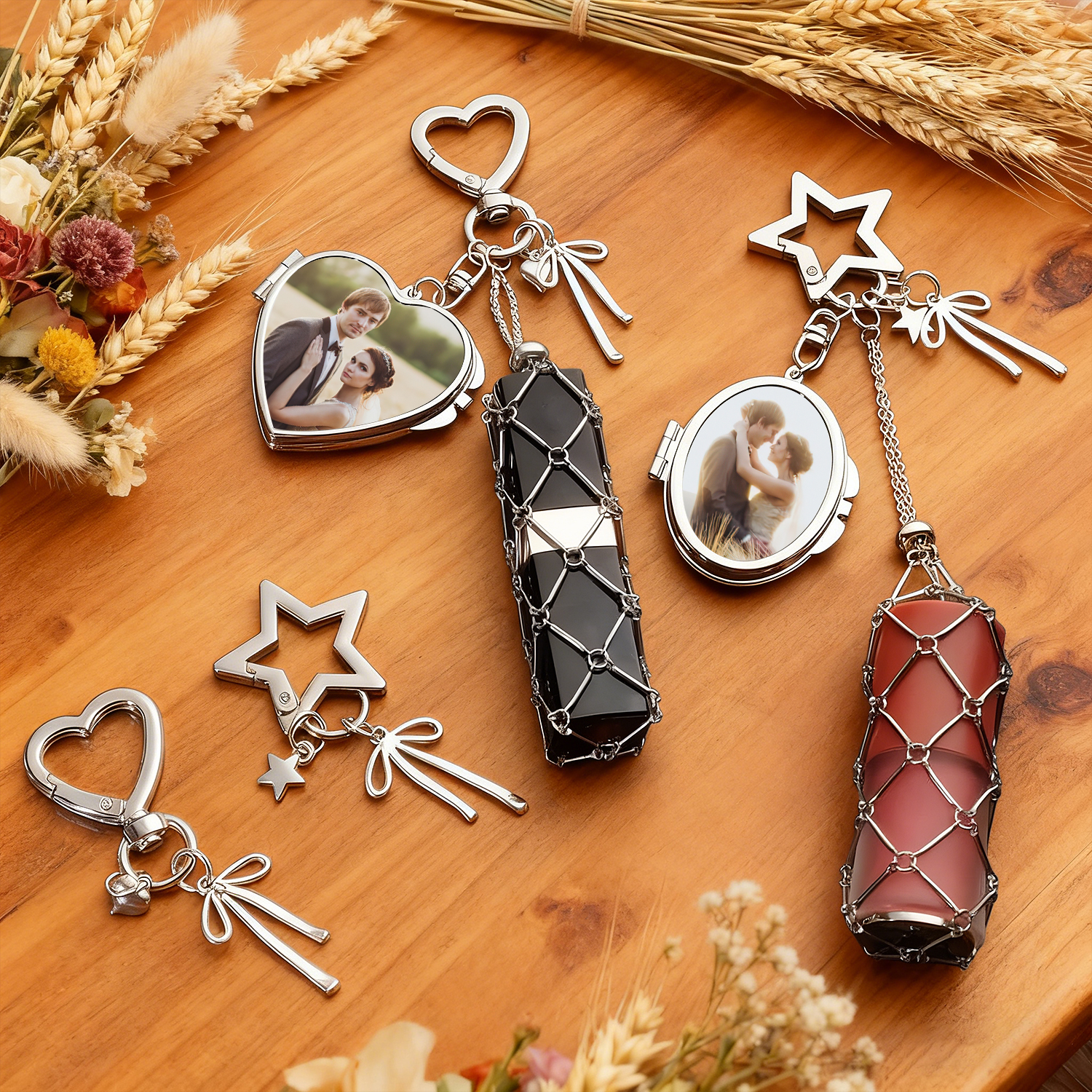 Personalized Lipstick Keychain with Mirror: Stainless Steel Makeup Bag Charm Valentine's Day Gifts - soufeeluk