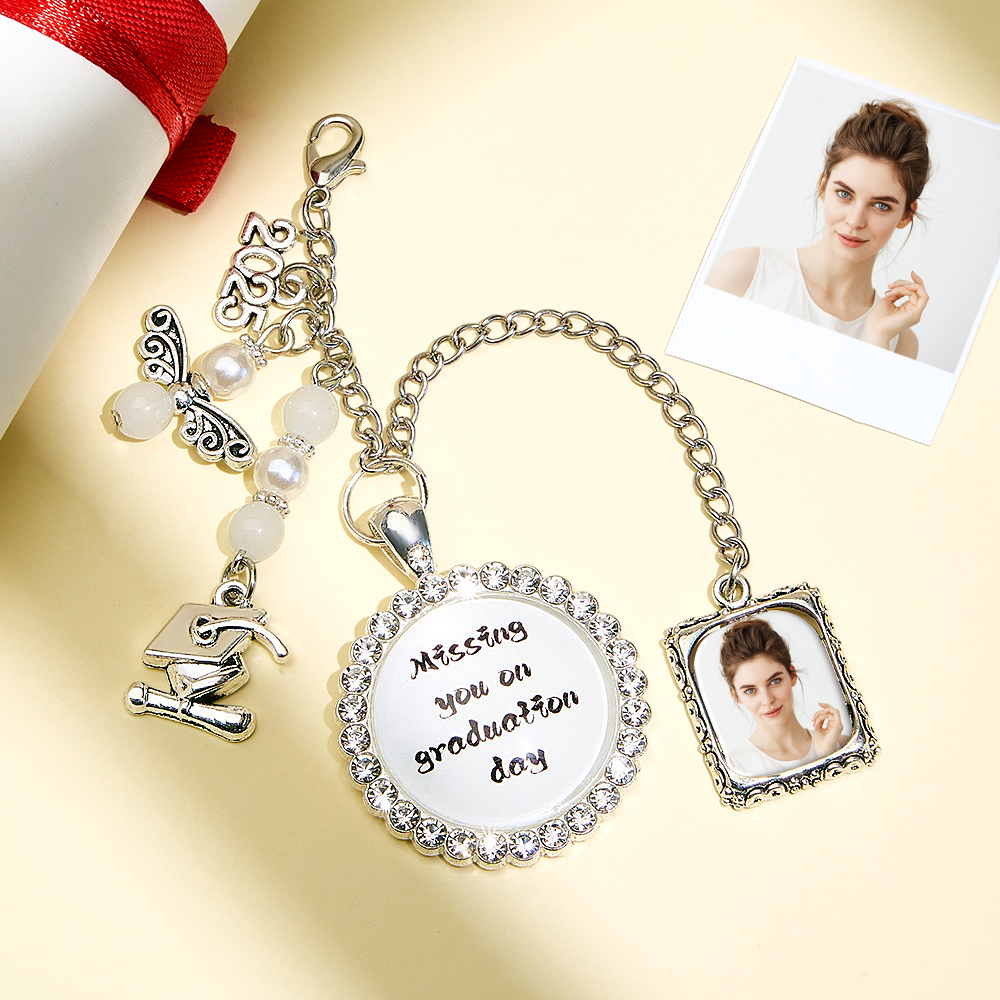 Custom Graduation Cap Tassel Memorial Photo Charm Rhinestone Personalize Missing You Pendant Silver Memory Picture Frame - soufeeluk