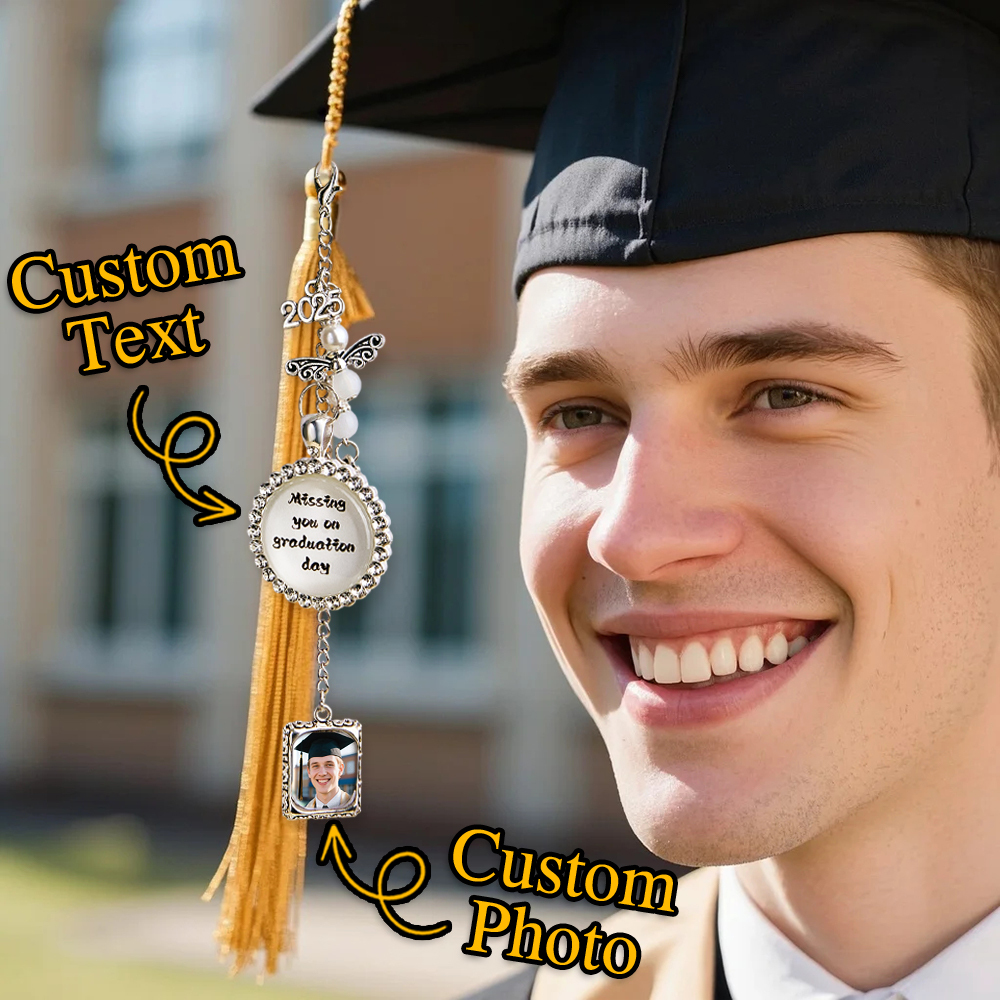 Custom Graduation Cap Tassel Memorial Photo Charm Rhinestone Personalize Missing You Pendant Silver Memory Picture Frame - soufeeluk