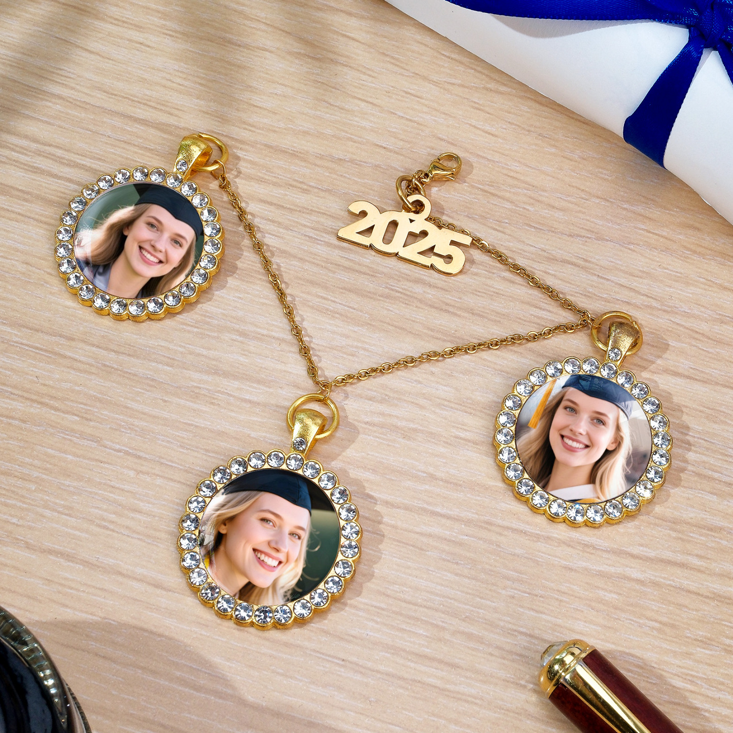 Custom Graduation Tassel Photo Charm Rhinestone Round Charm Graduation Gift - soufeeluk