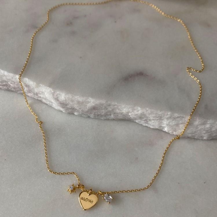 MOM Heart Dainty Gold Necklace Copper Gold Plated Zircon Necklace Mother's Day Gifts - soufeeluk
