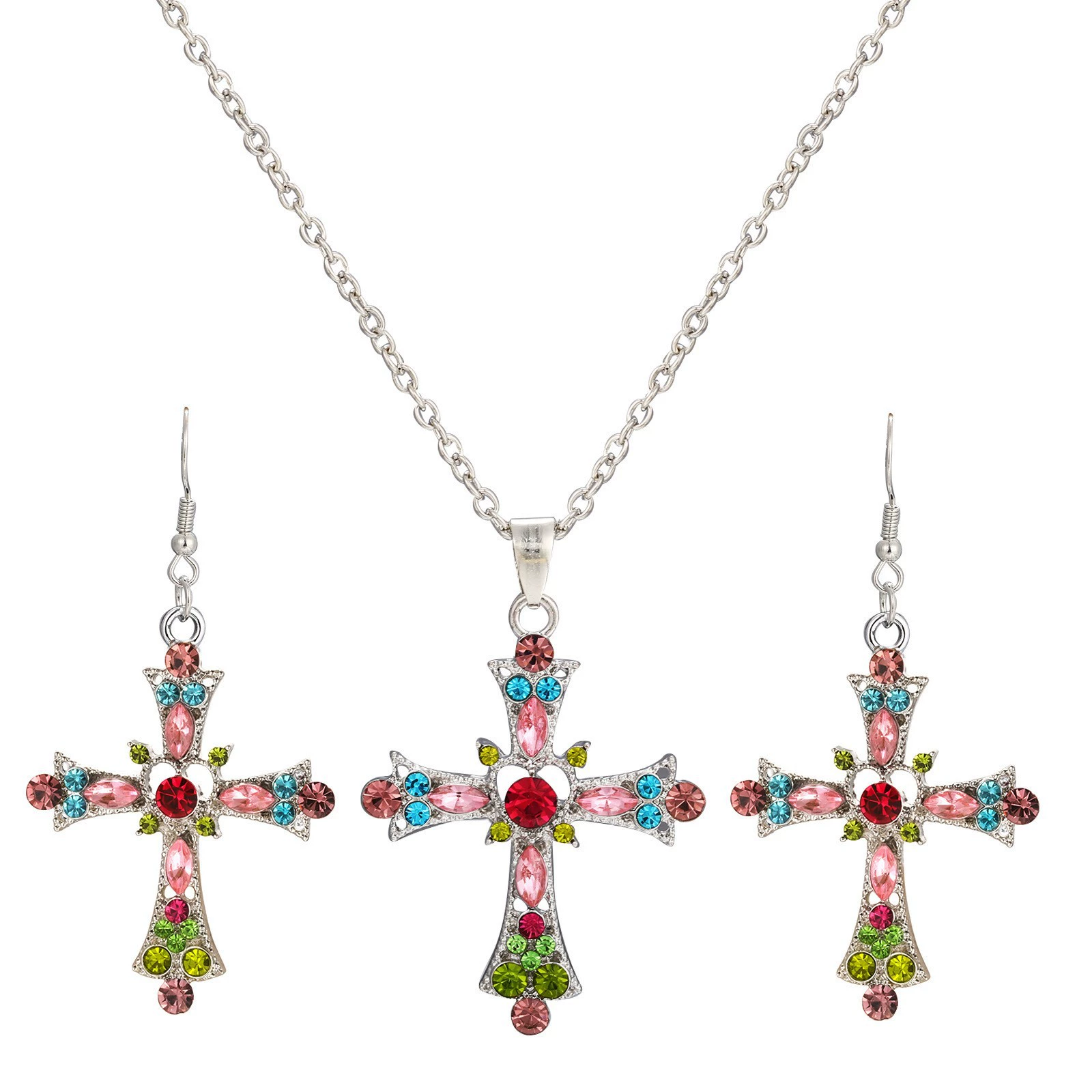 Pink Crystal Cross Pendant Necklace Gothic Punk Colorful Cross Zircon Choker for Egirl Eboy Woman - soufeeluk