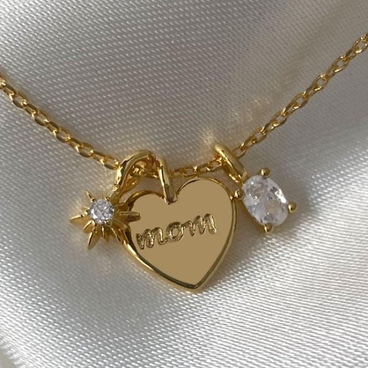 MOM Heart Dainty Gold Necklace Copper Gold Plated Zircon Necklace Mother's Day Gifts - soufeeluk