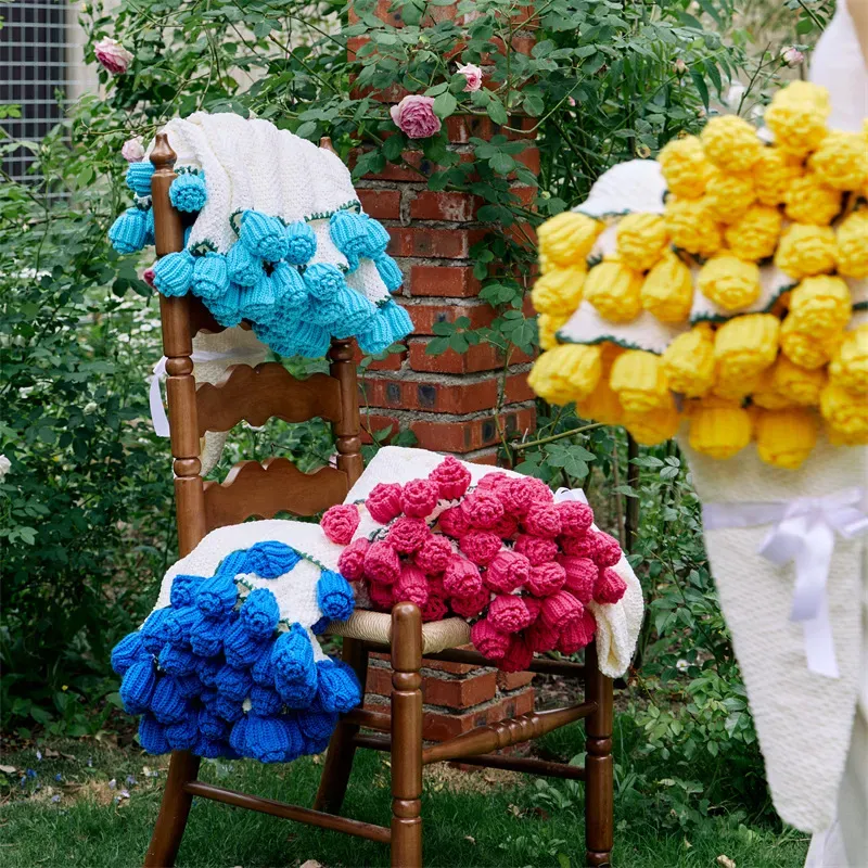 Hand-Knitted Red Rose & Sunflower Blanket Ready-Made Gift for Mother's Day