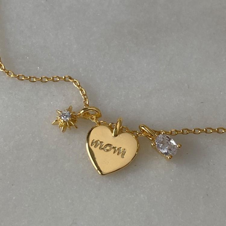 MOM Heart Dainty Gold Necklace Copper Gold Plated Zircon Necklace Mother's Day Gifts - soufeeluk