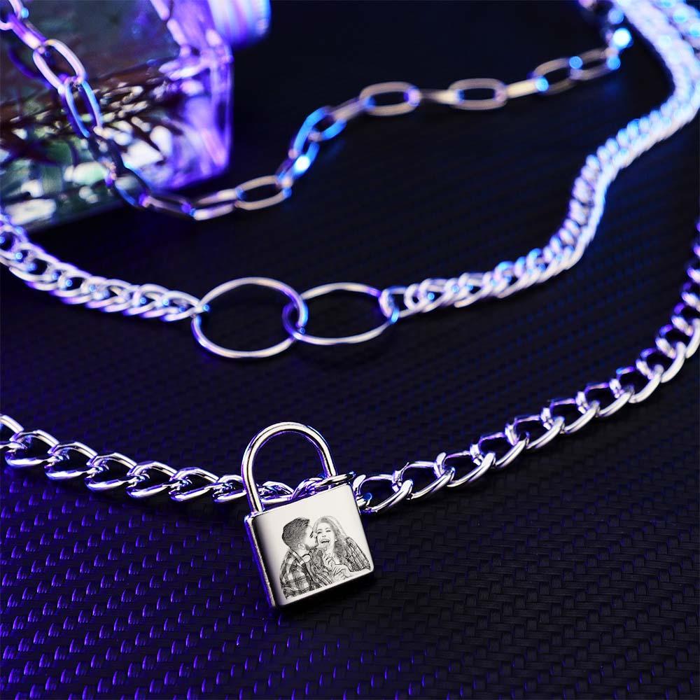 Triple Chain Set Personalized Photo Necklace with Lock - soufeeluk