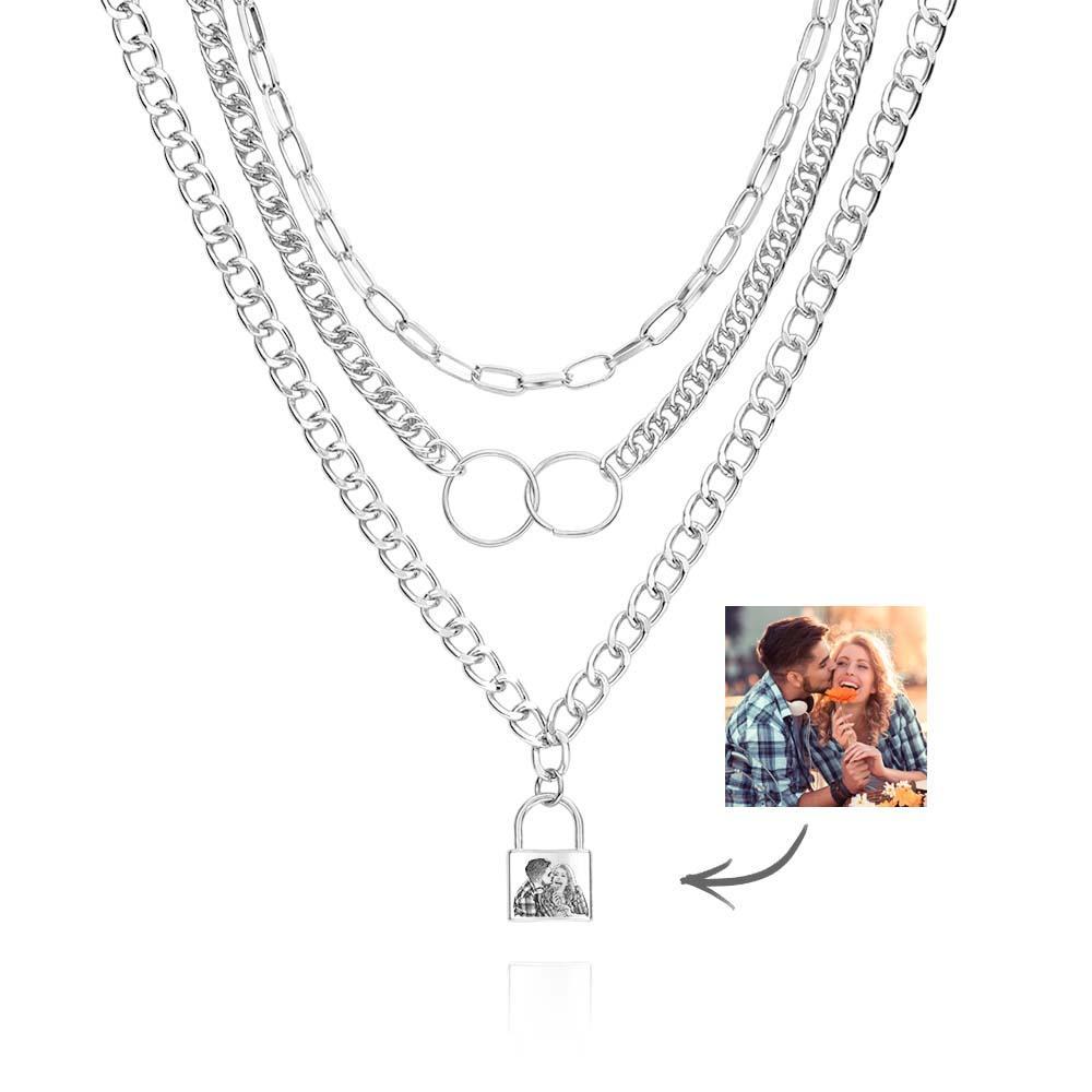 Triple Chain Set Personalised Photo Necklace with Lock