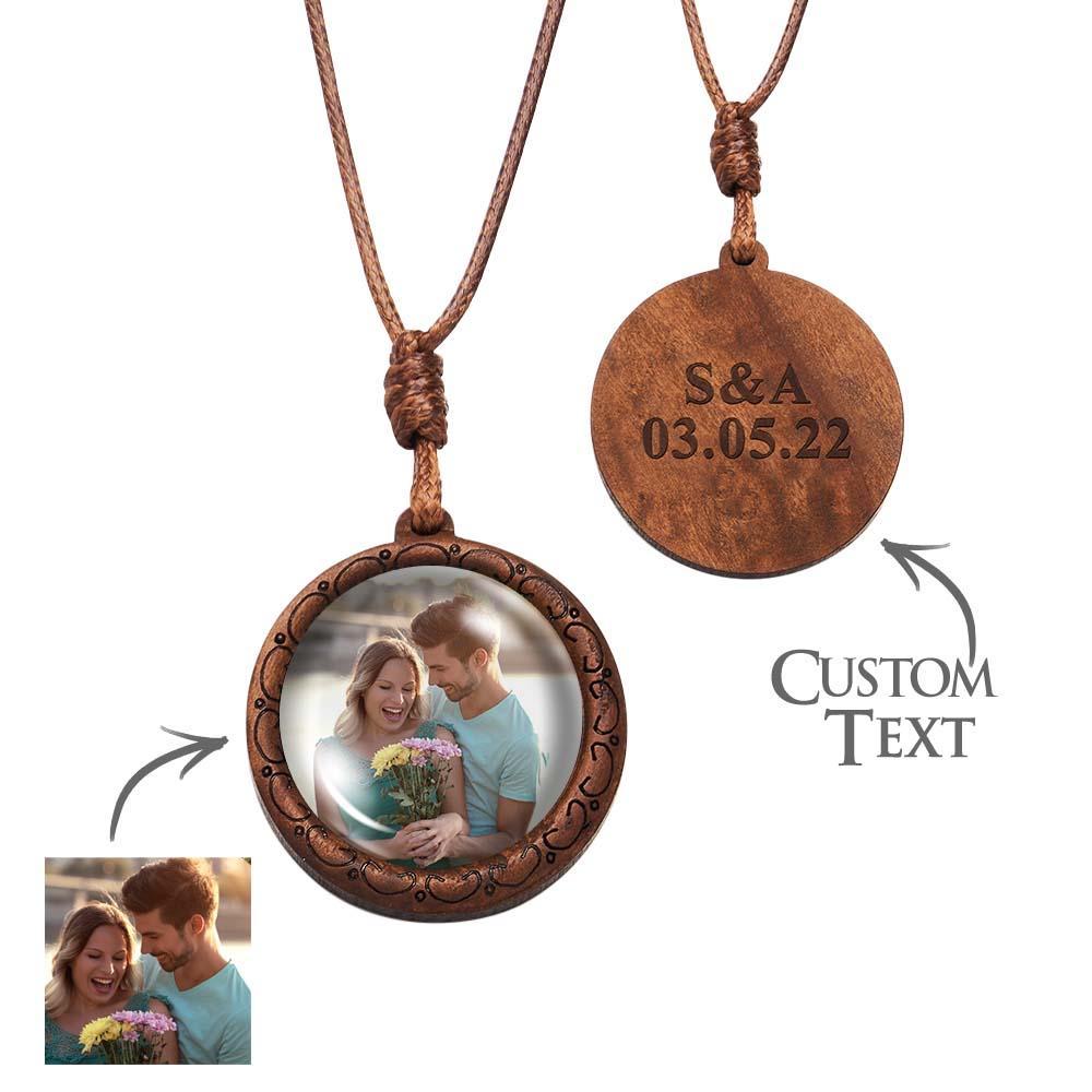 Personalised Photo Necklace Gifts for Him Wood Pendant Custom Name Engraved Round Pendant - soufeeluk
