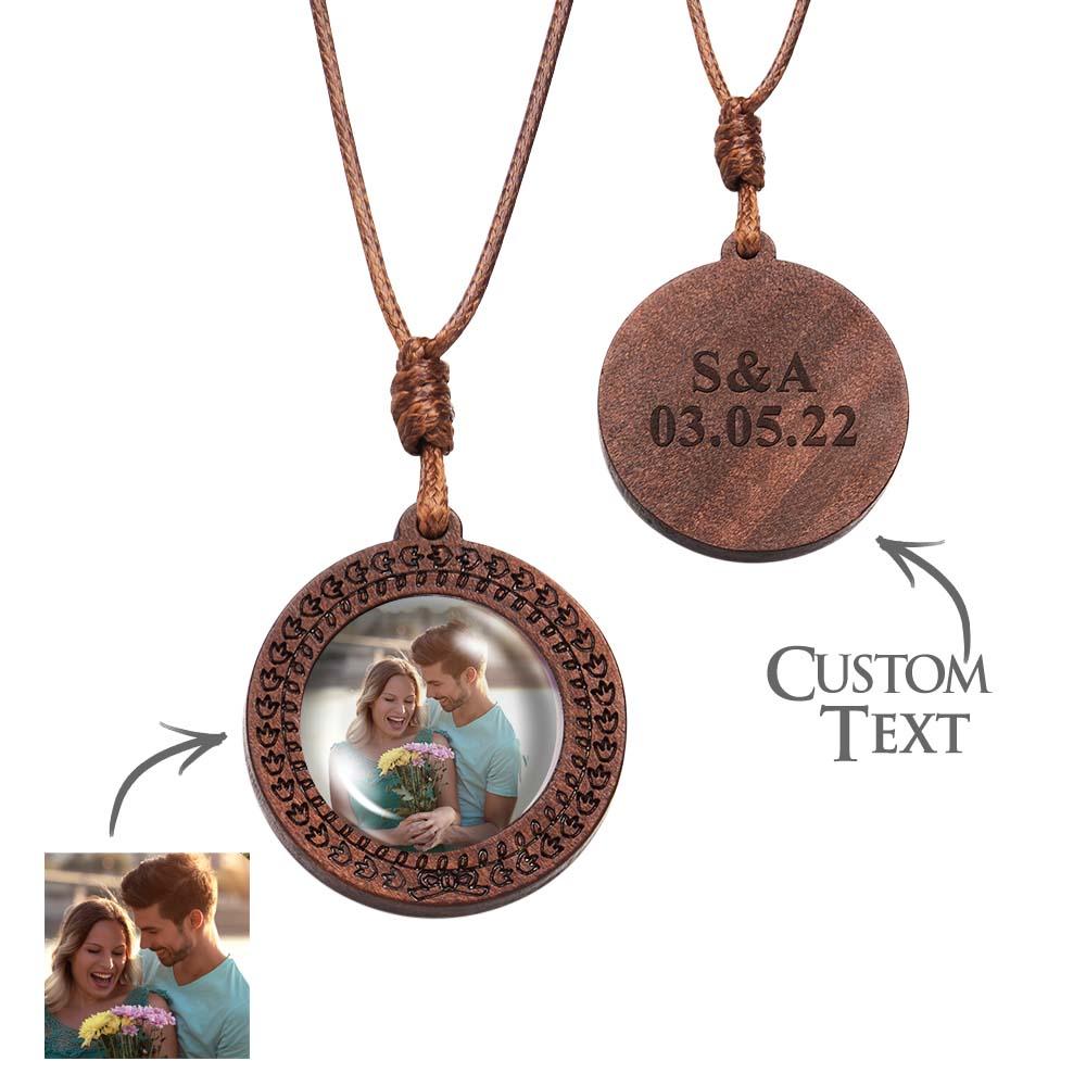 Personalised Photo Necklace Gifts for Him Wood Pendant Custom Name Engraved Round Pendant - soufeeluk