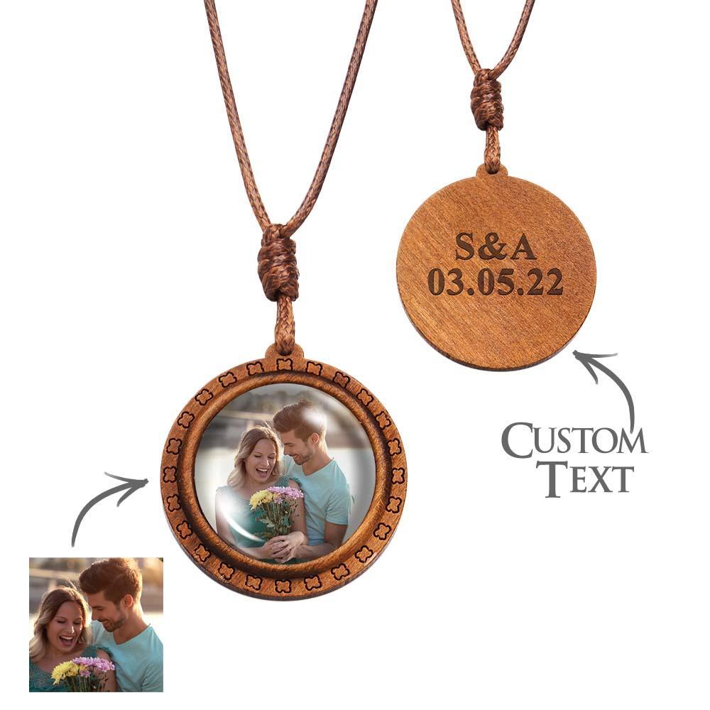 Custom Photo Wooden Pendant Necklace Valentine's Gifts for Her Personalised Engraved Name Necklace - soufeeluk