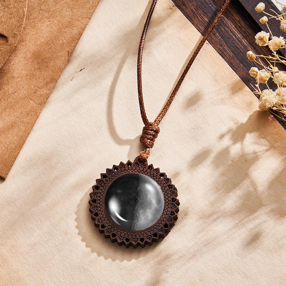 Custom Moon Phase Wood Pendant Necklace Personalised Engraved Name Valentine's Gifts for Her - soufeeluk