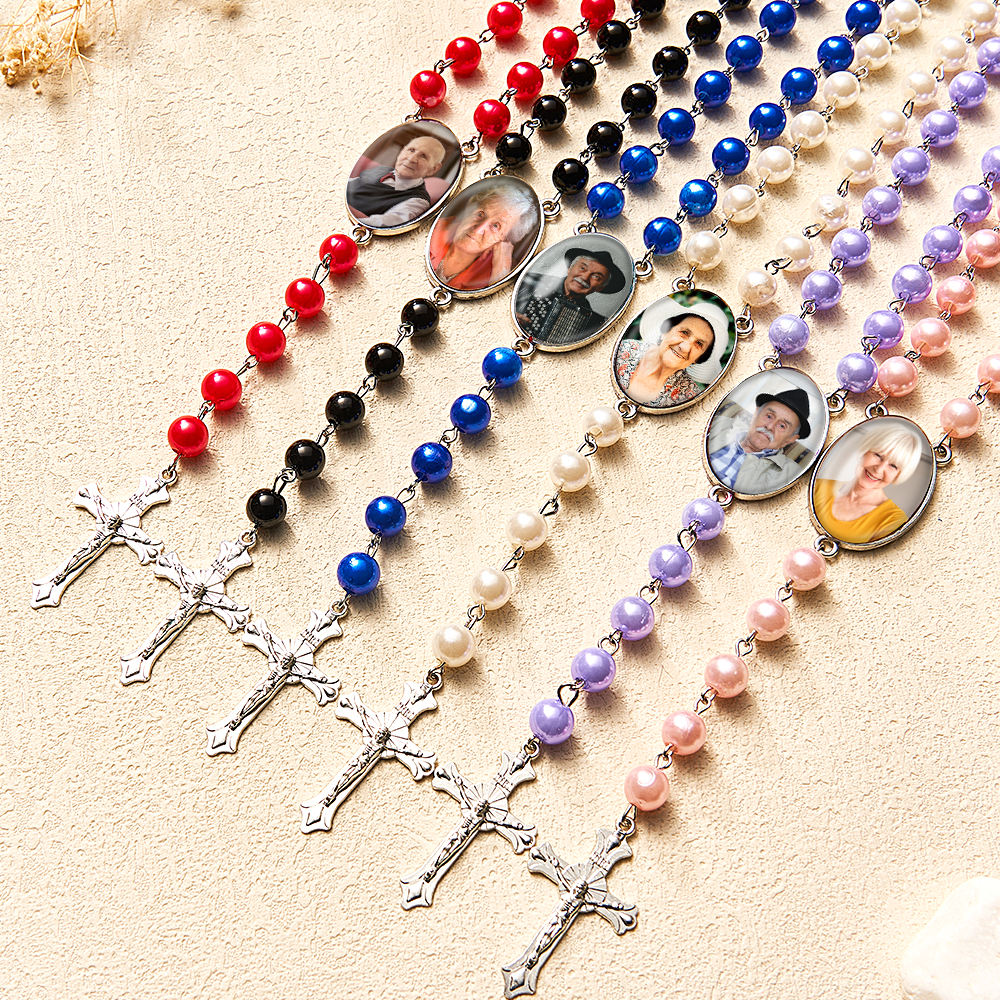Custom Rosary Beads Cross Multi-Color Necklace Personalised Necklace with Photo Memorial Gift for Women