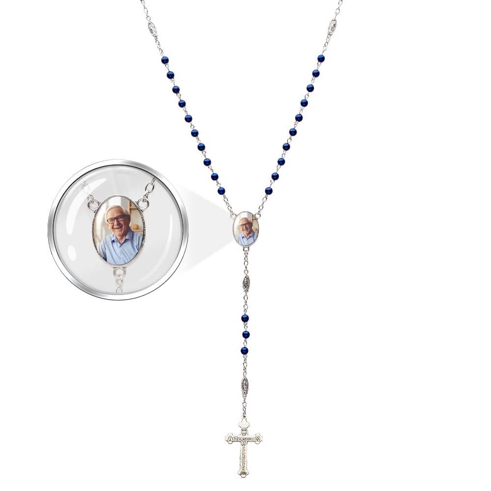 Custom Rosary Beads Cross Necklace Personalized Blue Imitation Pearls Necklace with Photo - soufeeluk