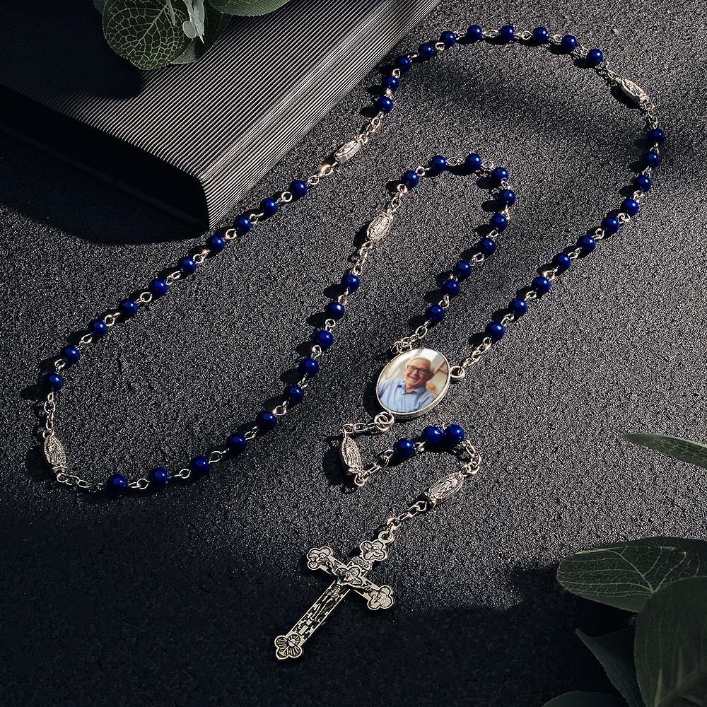 Custom Rosary Beads Cross Necklace Personalized Blue Imitation Pearls Necklace with Photo - soufeeluk