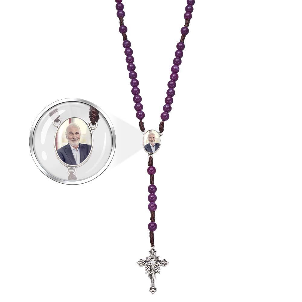Custom Rosary Beads Cross Necklace Personalized Handmade Purple Necklace with Photo - soufeeluk