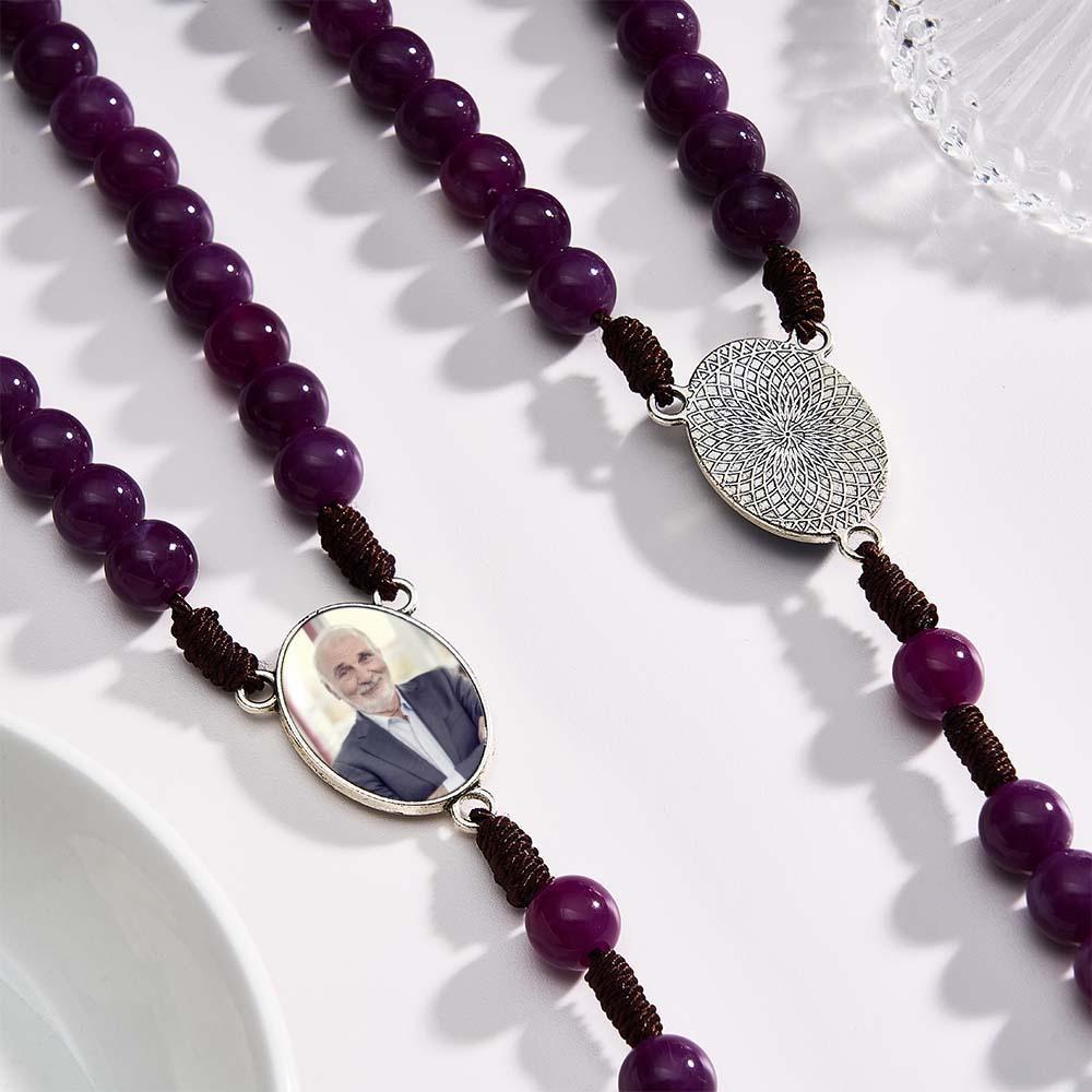 Custom Rosary Beads Cross Necklace Personalized Handmade Purple Necklace with Photo - soufeeluk