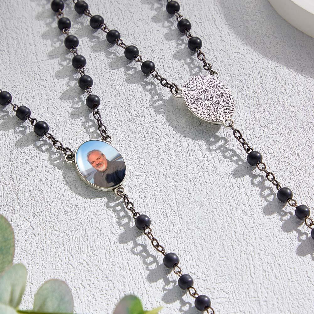 Custom Rosary Beads Cross Necklace Personalized Black Frosted Agate Necklace with Photo - soufeeluk