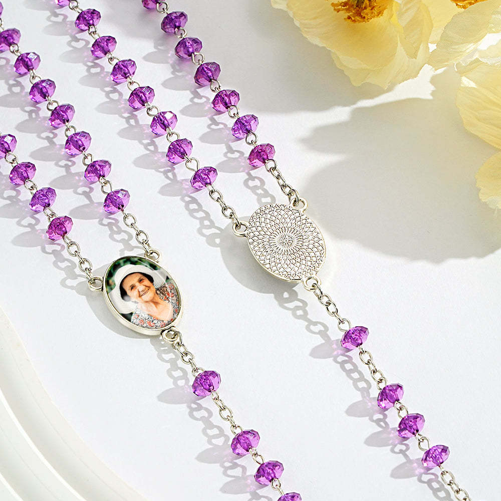 Custom Rosary Beads Cross Necklace Personalized Purple Flat Beads Necklace with Photo - soufeeluk
