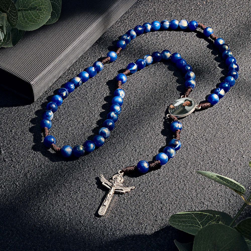 Custom Rosary Beads Cross Necklace Personalized Imitation Agate Beads Hand Woven Necklace with Photo - soufeeluk