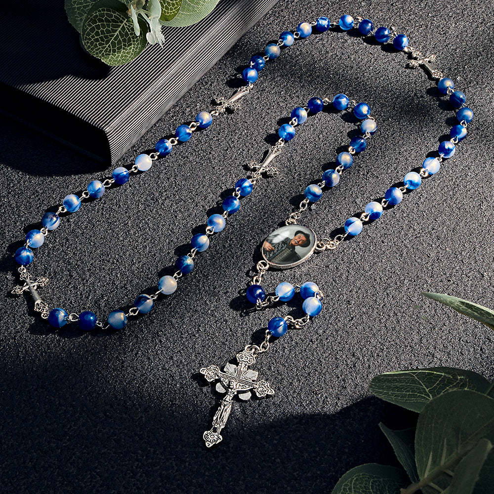 Custom Rosary Beads Cross Necklace Personalized Blue Acrylic Beads Necklace with Photo - soufeeluk