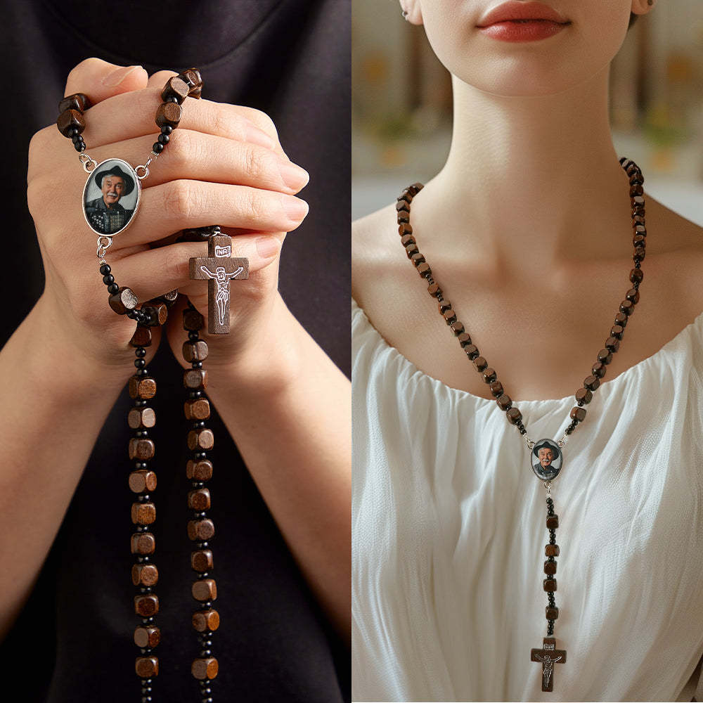 Custom Rosary Beads Cross Necklace Personalized Square Wooden Beads Necklace with Photo - soufeeluk