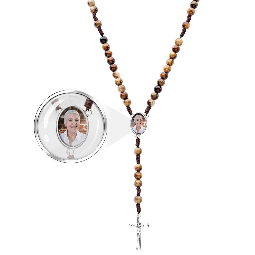 Custom Rosary Beads Cross Necklace Personalized Imitation Agate Beads Hand Woven Necklace with Photo - soufeeluk