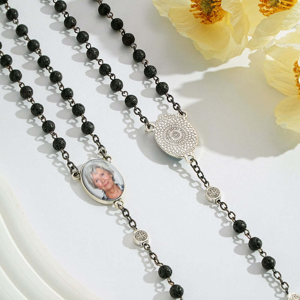 Custom Rosary Beads Cross Necklace Personalized Volcanic Stone Necklace with Photo - soufeeluk