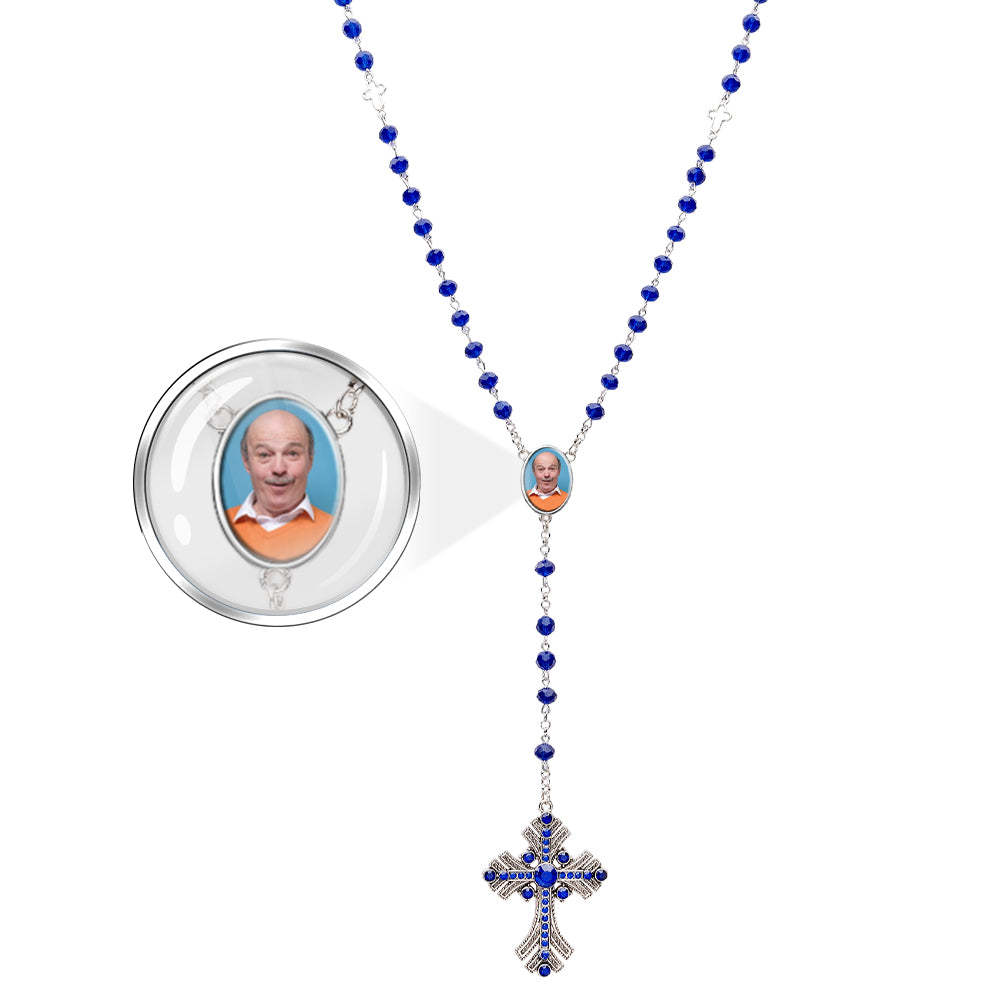 Custom Rosary Beads Cross Necklace Personalized Goth Blue Beads Necklace with Photo - soufeeluk