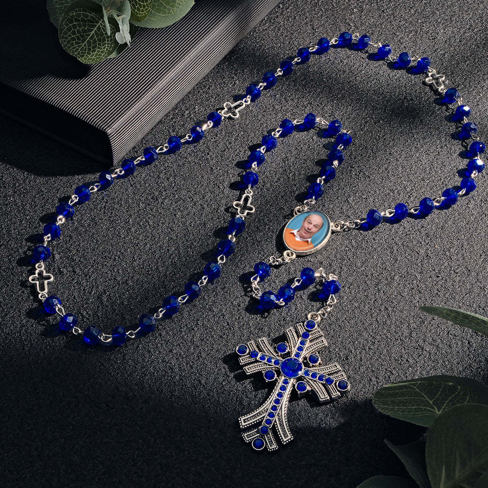 Custom Rosary Beads Cross Necklace Personalized Goth Blue Beads Necklace with Photo - soufeeluk
