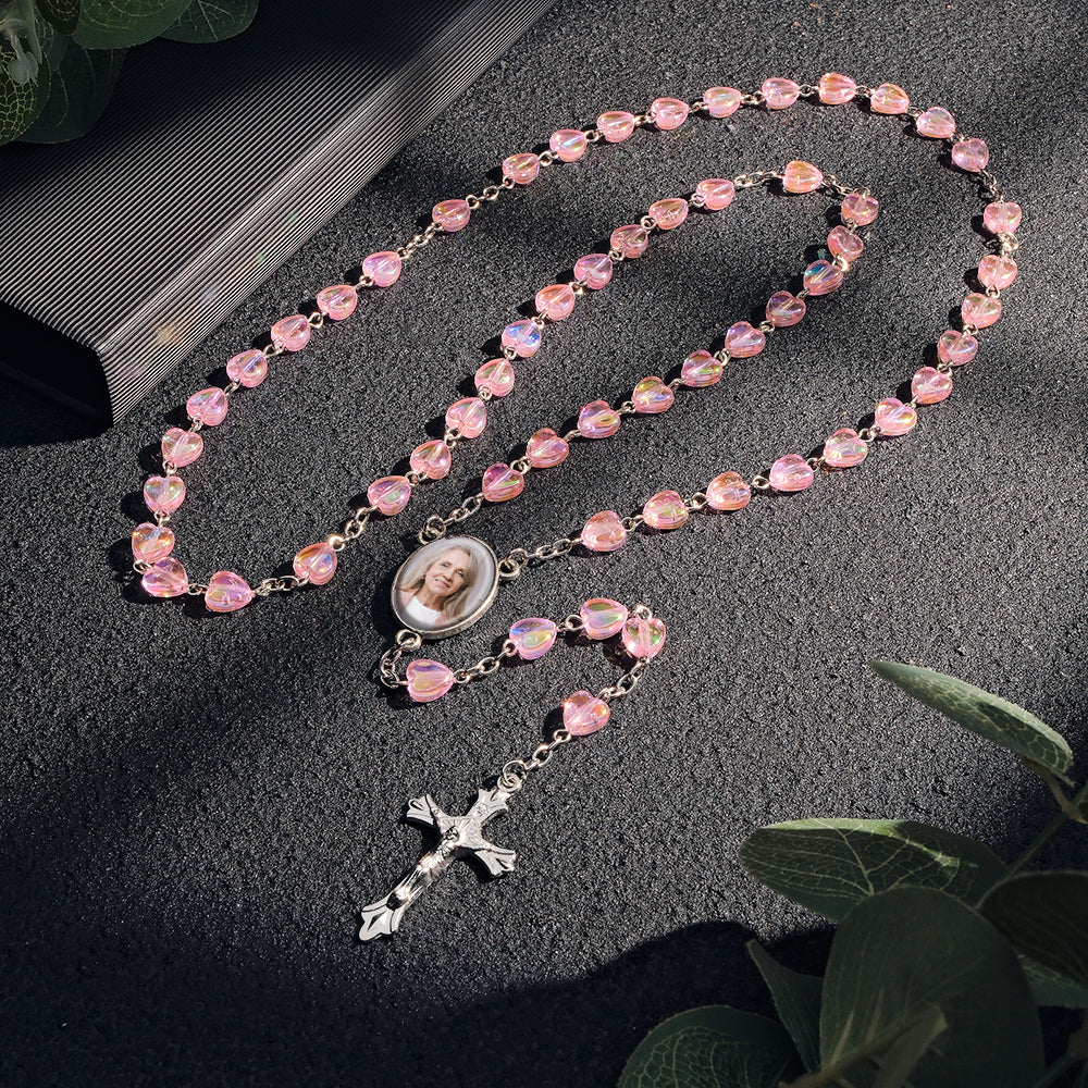 Custom Rosary Beads Cross Necklace Personalized Cross Heart Necklace with Photo - soufeeluk