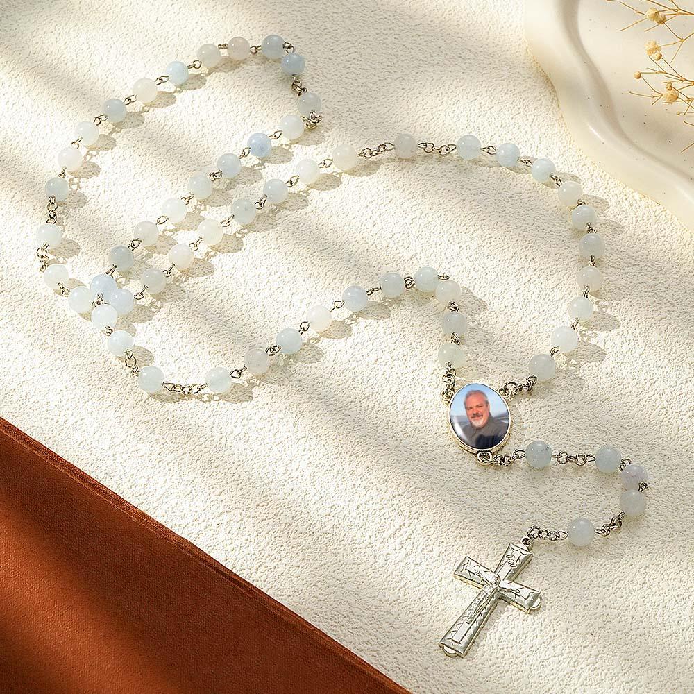 Custom Rosary Beads Cross Necklace Personalized White Acrylic Luminous Beads Necklace with Photo - soufeeluk