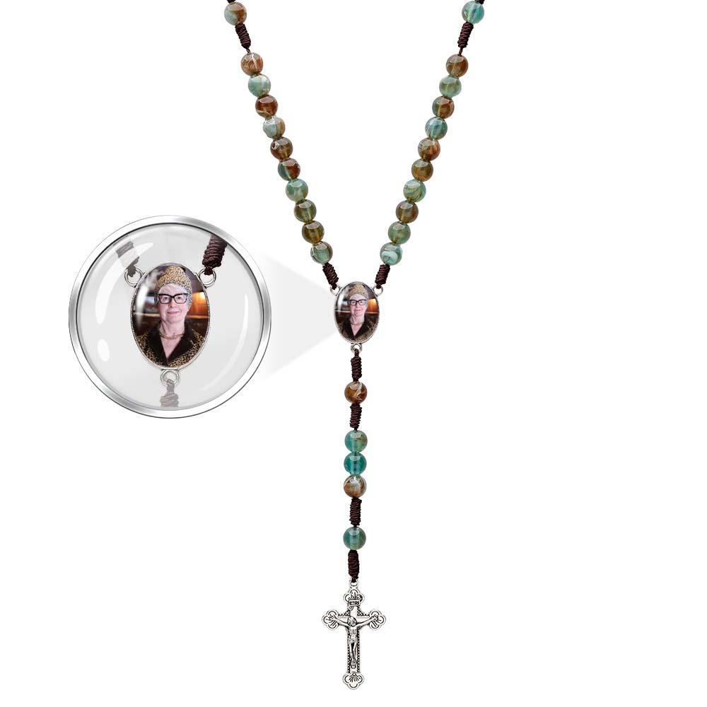 Custom Rosary Beads Cross Necklace Personalized Imitation Agate Round Beads Necklace with Photo - soufeeluk