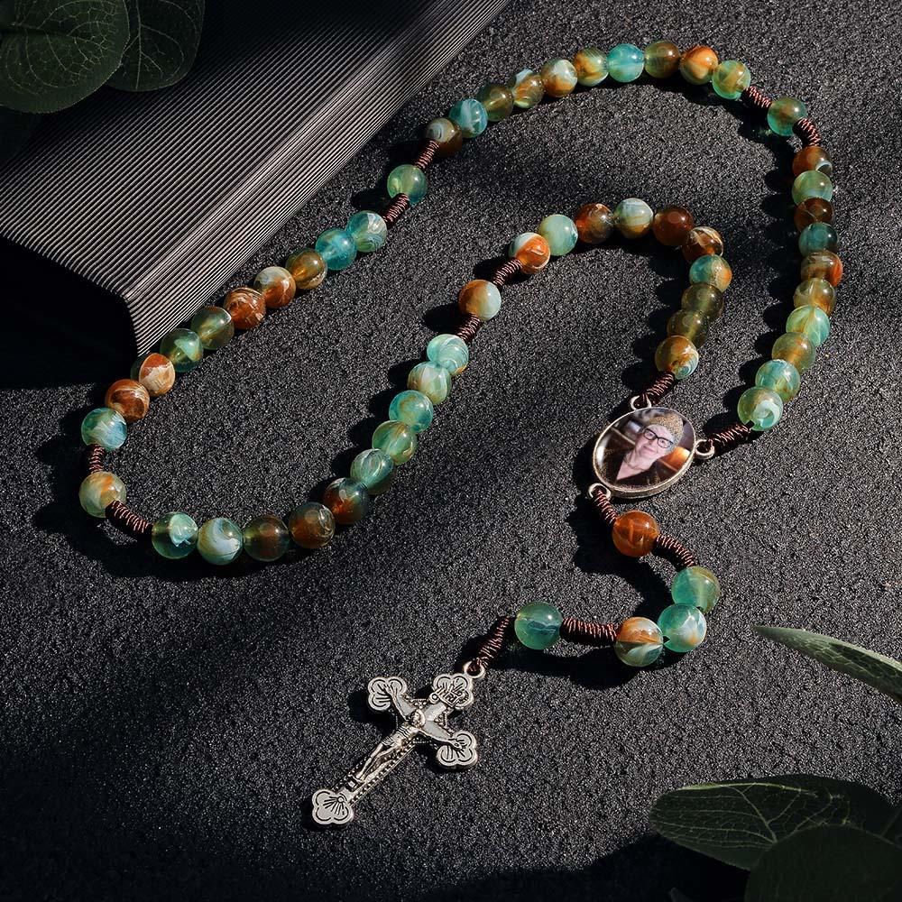 Custom Rosary Beads Cross Necklace Personalized Imitation Agate Round Beads Necklace with Photo - soufeeluk