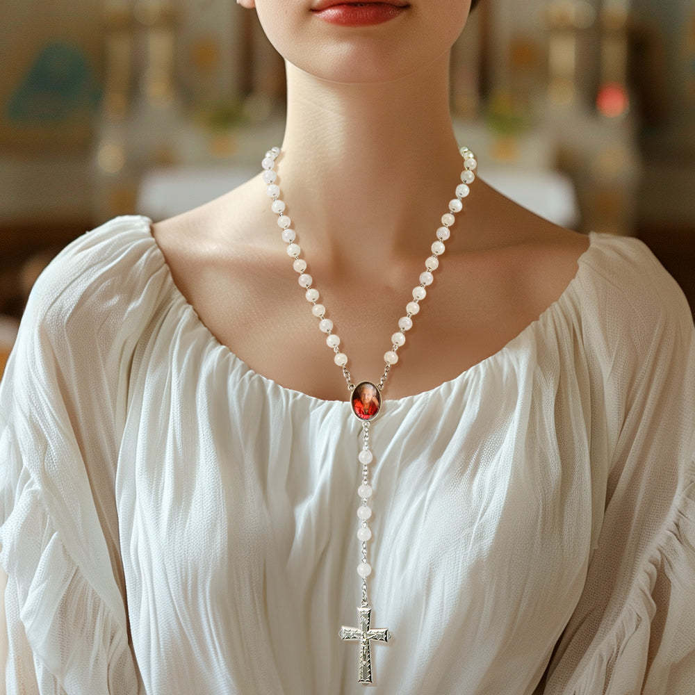 Custom Rosary Beads Cross Necklace Personalized Aquamarine Chalcedony Beads Necklace with Photo - soufeeluk