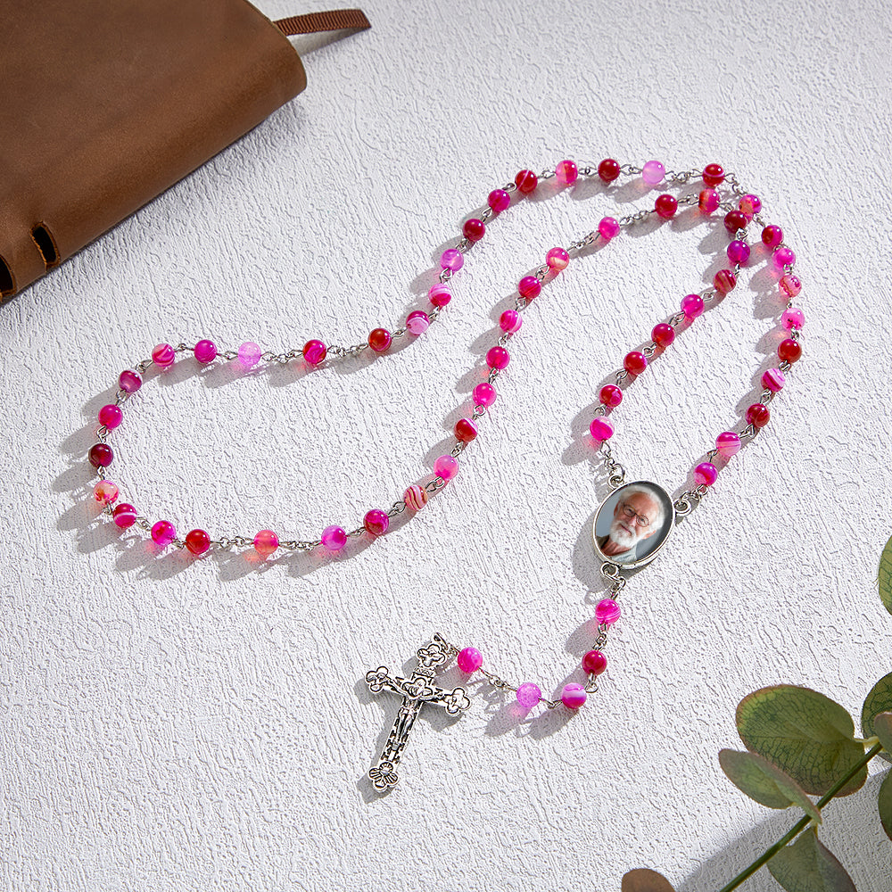 Custom Rosary Beads Cross Necklace Personalized Purple Agate Beads Necklace with Photo - soufeeluk
