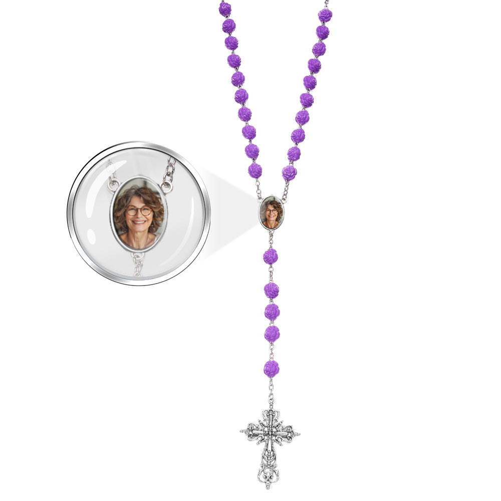 Custom Rosary Beads Cross Necklace Personalized Purple Double Sided Rose Necklace with Photo - soufeeluk