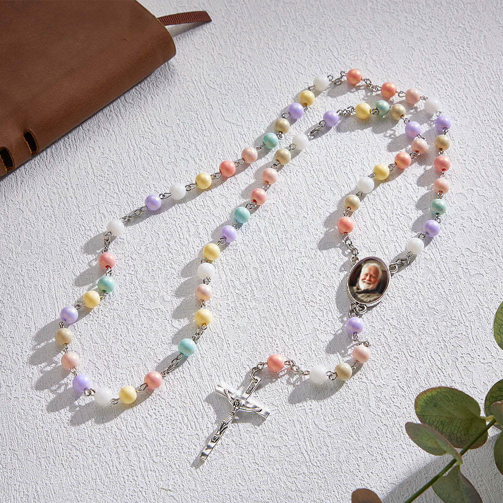 Custom Rosary Beads Cross Necklace Personalized Acrylic Macaron Color Beads Necklace with Photo - soufeeluk