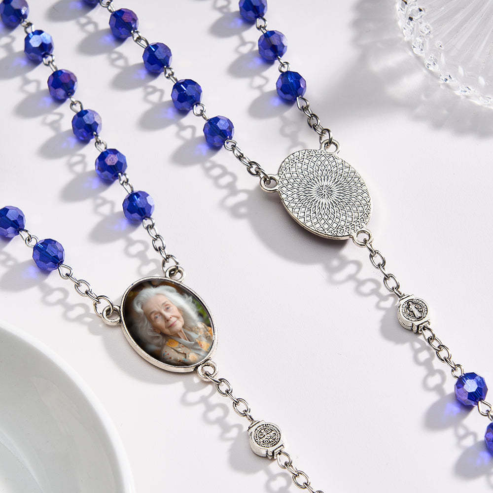 Custom Rosary Beads Cross Necklace Personalized Blue Crystal Necklace with Photo - soufeeluk