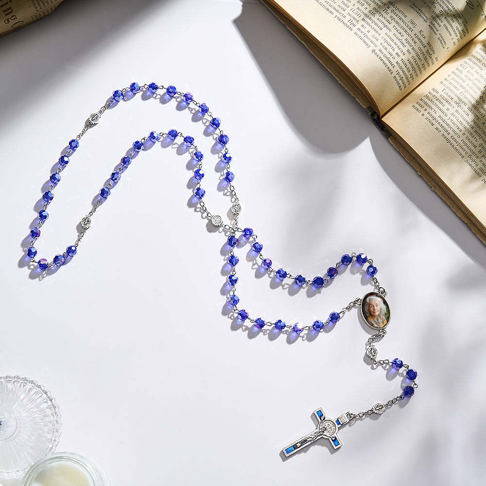 Custom Rosary Beads Cross Necklace Personalized Blue Crystal Necklace with Photo - soufeeluk