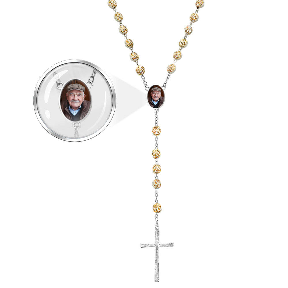 Custom Rosary Beads Cross Necklace Personalized Golden Rose Beads Necklace with Photo - soufeeluk