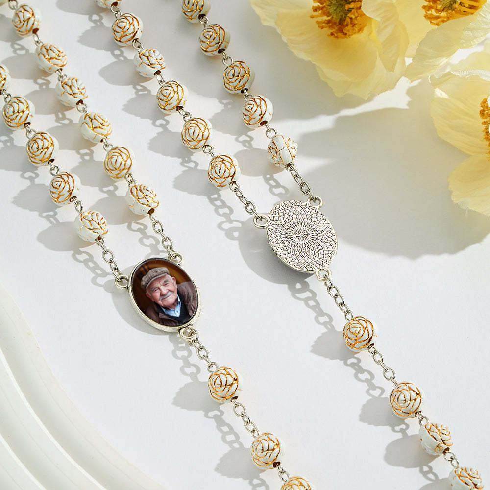Custom Rosary Beads Cross Necklace Personalized Golden Rose Beads Necklace with Photo - soufeeluk